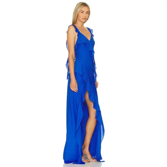 Revolve Amanda Uprichard Cantara Gown Cobalt blue ruffle design  S New $277 msrp - Picture 2 of 9